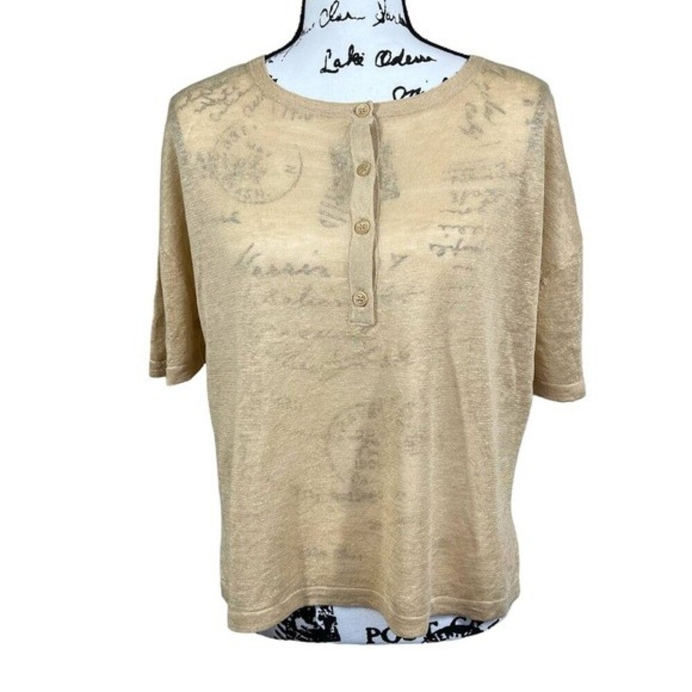 Skull Cashmere Tan top Women Lagenlook 100% Linen Penelope Henley Top size XS